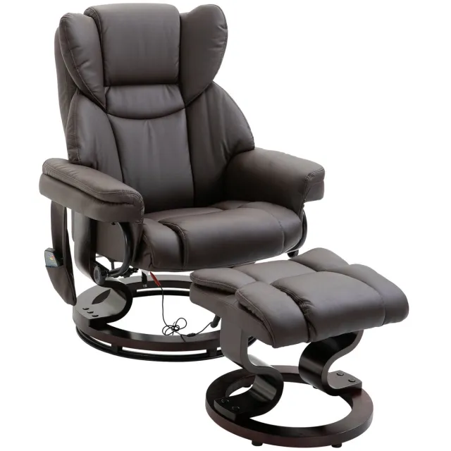 Merax Draaibaar Relaxfauteuil met Voetenbank – Bruin Kunstleer – Elektrische Massagestoel met 10-Punts Vibratiemassage en 145° Ligfunctie – Relaxstoel met Afstandsbediening