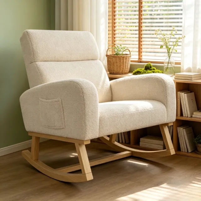 ROSAHQNDA Schommelstoel met zitkussen, relaxstoel met hoge rugleuning en armleuningen, zijvak, fauteuil voor woonkamer, slaapkamer of balkon, teddy stof, beige