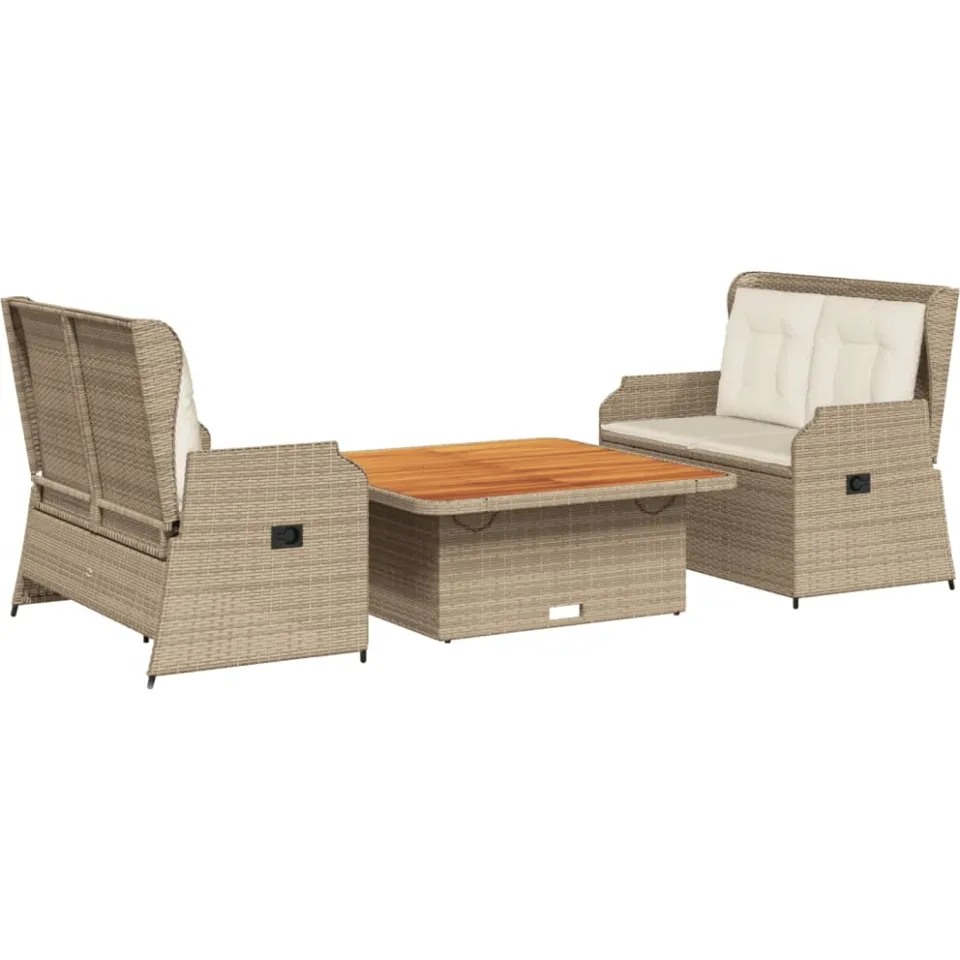 vidaXL 3-delige Loungeset met kussens poly rattan beige, foto 3