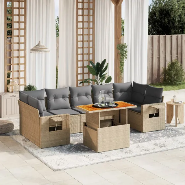 vidaXL 8-delige Loungeset met kussens poly rattan beige, foto 2