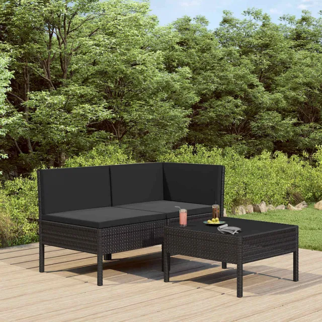 vidaXL 3-delige Loungeset met kussens poly rattan zwart, foto 2