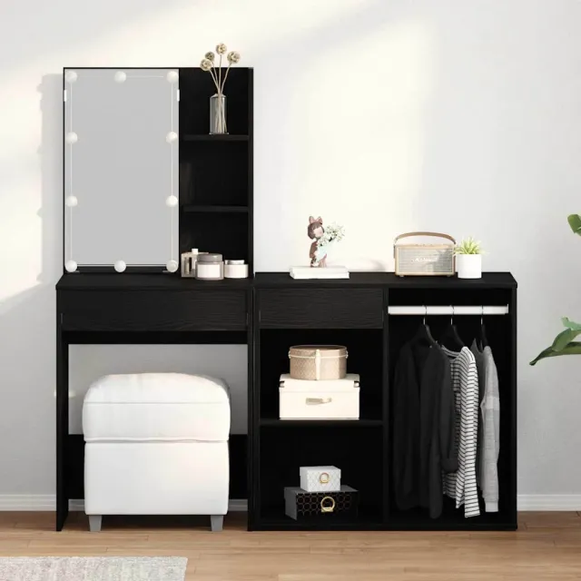 vidaXL LED Make-up Tafel Set Zwart Eiken 140 x 40 x 140 cm