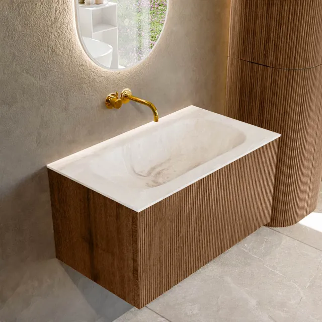 Mondiaz KURVE-DLUX 80 cm Onderkast Greeploos 1 Lade Zonder Deuren Walnut, Wastafel Solid Surface Volledig Frappe 0 Kraangaten Zonder Spiegel (KRVBGS801L0D0KM-Wal/Fra)
