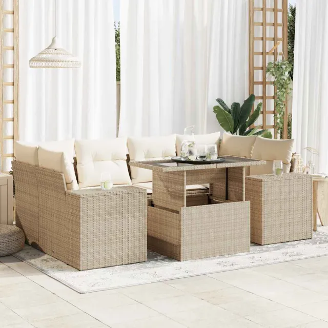 vidaXL 7-delige Loungeset met kussens poly rattan beige, foto 2