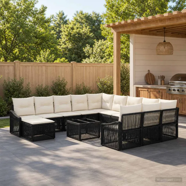 vidaXL Tuinbankenset 13 st 12-zits Zwart poly rattan, foto 2