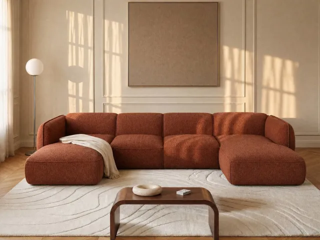 Vente-unique Hoekfauteuil in terracotta chenillestof van Maison Céphy CAMILIO
