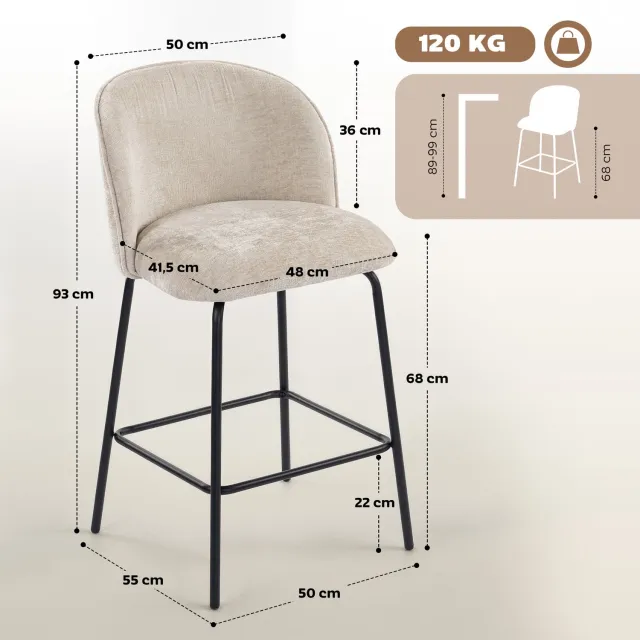 Lunpog Set van 2 barkrukken met rugleuning en voetensteun-gestoffeerde stoelen met stalen poten voor keukeneiland-eetkamer-beige