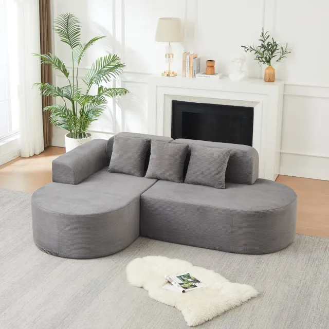 REDOM Hoekbank - L-vormig modulair ontwerp - Gebogen armleuningen en rugleuning - 3 kussens - Modern - Woonkamer - Corduroy - Grijs - 220 x 155 x 70 cm