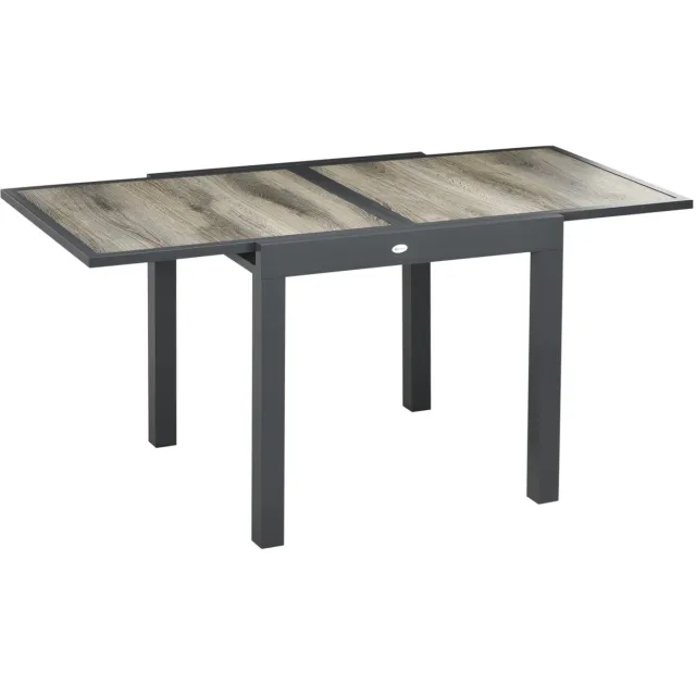 MEUNIQ uitschuifbare tuintafel eettafel 160 x 80 x 75 cm rechthoekig voor 6 personen met aluminium frame en houtlook tafelblad voor tuin terras en balkon beige grijs
