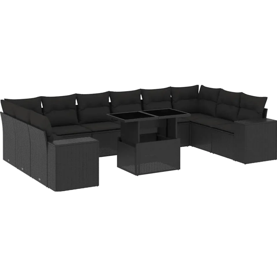 vidaXL 11-delige Loungeset met kussens poly rattan zwart