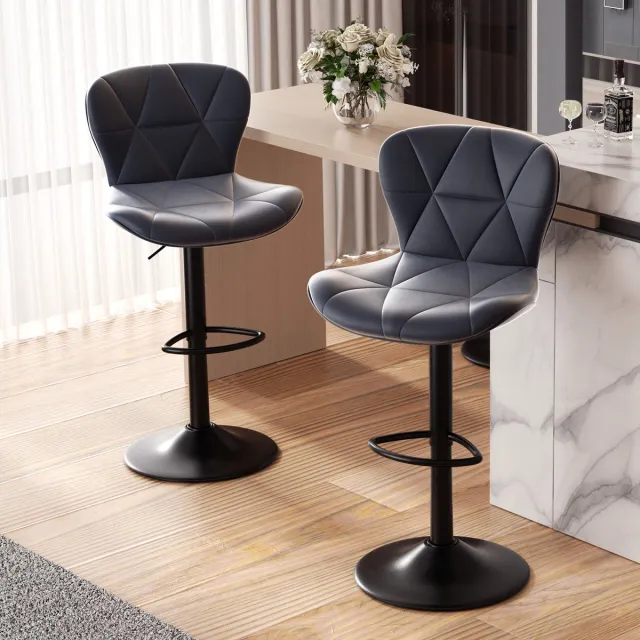 hawthyhome Moderne in hoogte verstelbare barkruk - Omeg Serie- 360° draaibaar - Ergonomisch ontwerp - Zwart metalen voet-Set van 2-Donkergrijs