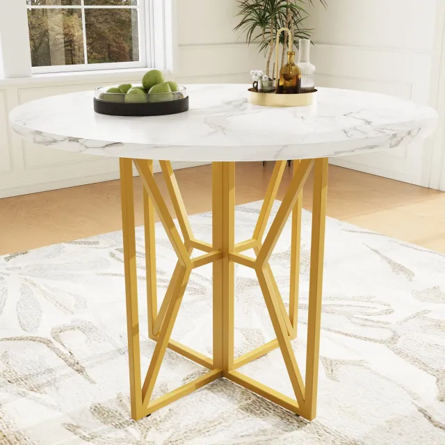 COVREO Eettafel 80x80x76 cm - goudkleurig metalen onderstel, MDF marmerlook fineer blad