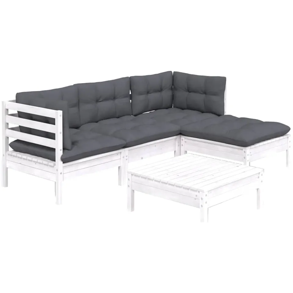 vidaXL 5-delige Loungeset met kussens grenenhout wit
