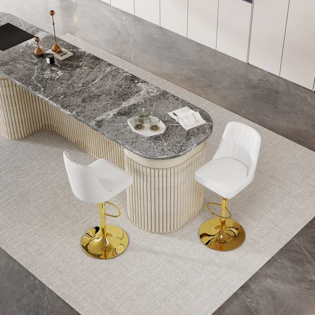 Wishdor Barkrukken Set Van 2 - In Hoogte Verstelbaar En 360 Graden Draaibaar - Modern Gewatteerd Ontwerp - Voor Keukeneiland - Metaal En Kunstleer - Wit En Goudkleurig - Zithoogte 63-85 Cm Wit + Goud