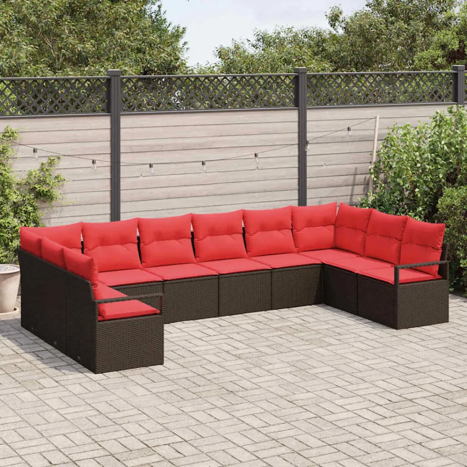 vidaXL Tuinbankenset 10 st Bruin en Rood poly rattan, foto 3
