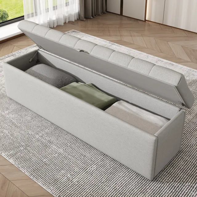 HAUSS SPOLE Voetenbankje 141x41.5x47 cm - Opbergbankjes Met Gestoffeerde Zitting - Linnen - Lichtgrijs