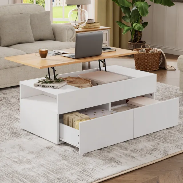 DESMIU Salontafel - Verstelbaar Blad Met Verborgen Opbergruimte En 2 Lades - Voor Woonkamer En Eethoek - Wit En Houtkleur - 100x50x40 Cm