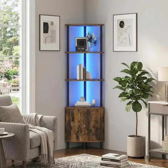 RosaBloom Hoekboekenkast - Hoekkast - Boekenplank - Industrieel Opbergrek - Ingebouwde LED-Verlichting - 147,5 x 42 x 42 cm - Industrieël Zwart