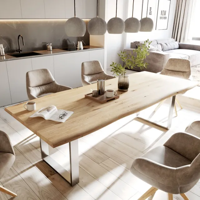 DELIFE Eettafel Edge Eiche natuur 260x100x2,5-3 edelstaal smal Live-Edge Bruin