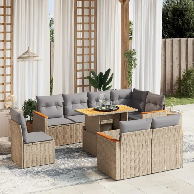 vidaXL 9-delige Loungeset met kussens poly rattan beige, foto 2