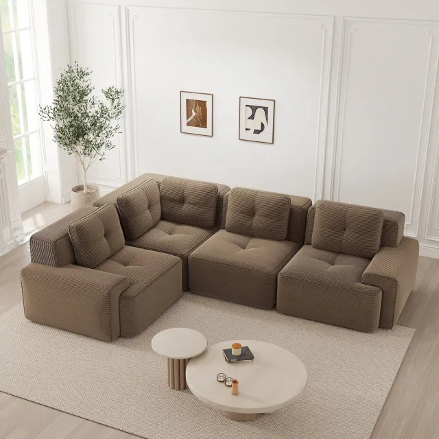OKWISH Hoekbank 74 Cm Zitdiepte - Modulair Diepzitsofa Zonder Montage - Voor Woonkamer Of Kantoor - Corduroy - Bruin