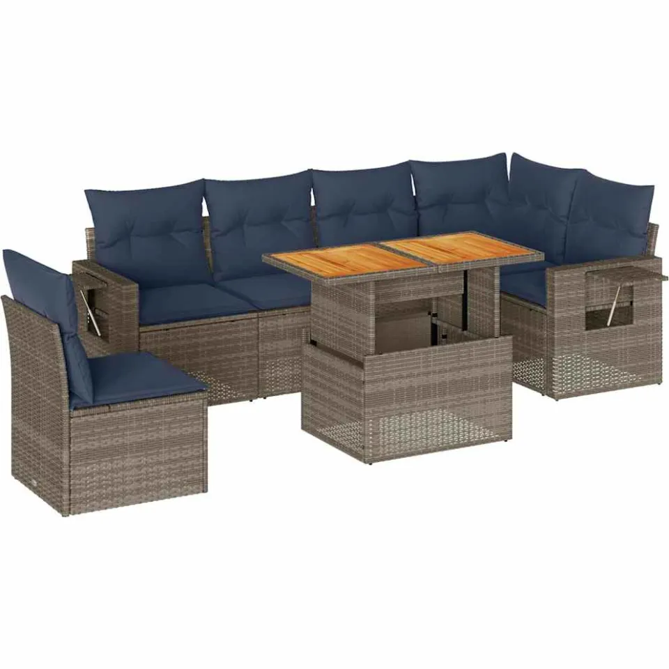 vidaXL 7-delige Loungeset met kussens poly rattan grijs, foto 3