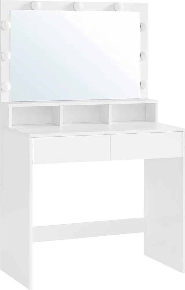 FurnStar Kaptafel - Kaptafel - Cosmeticatafel Met 9 LED-lampen En Spiegel - Instelbare Helderheid - 2 Laden En 3 Open Vakken - Laden - Modern - Wit