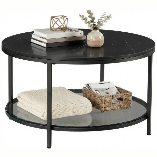 Klarven Salontafel Zwart - Marmerlook Salontafel - Salontafel - Gehard Glas Onderstel - Modern Design, Snel Gemonteerd