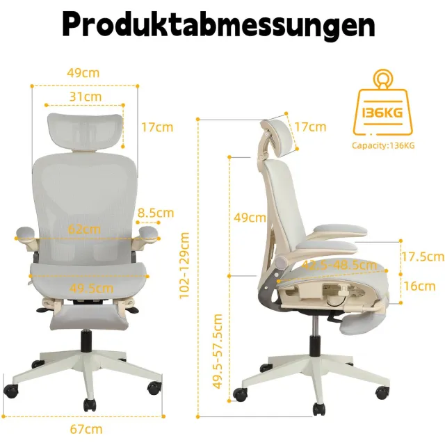 DESMIU Bureaustoel 129 cm - Ergonomisch Klapbaar Met 3D Hoofdsteun, Lendensteun En Klapbare Armleuningen - Voor Werk, Studie En Spelen - Mesh - Grijs