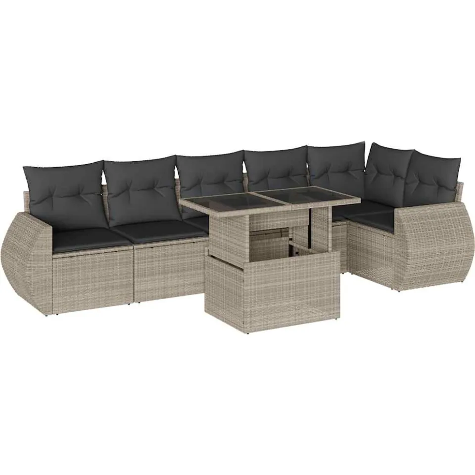 vidaXL 7-delige Loungeset met kussens poly rattan lichtgrijs grijs, foto 3