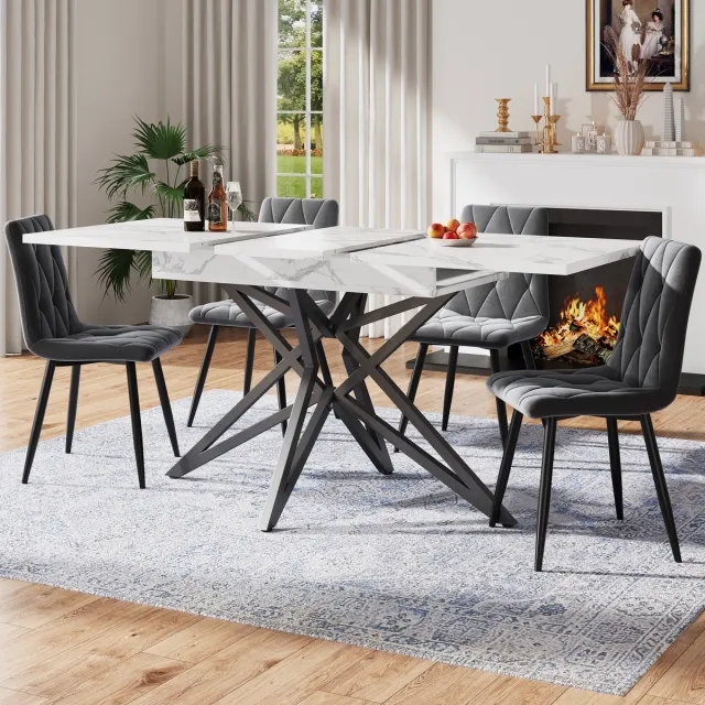 Clruro Eettafel - 120(160)x80 cm - Uitschuifbare Tafel Stervormige Poten - Keukentafel Ontbijttafel - Hout/MDF - Zwart Wit