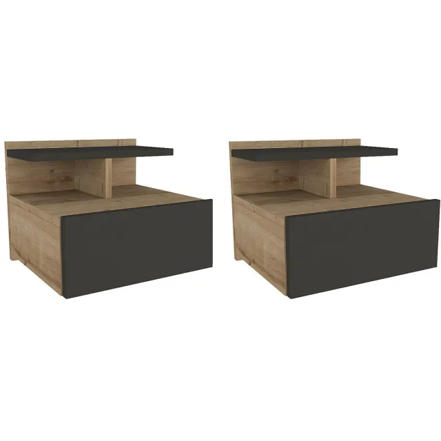 Vente-unique Set van 2 hangende nachtkastjes - 1 lade - Kleur: naturel en antraciet - AZELNO Antracietgrijs