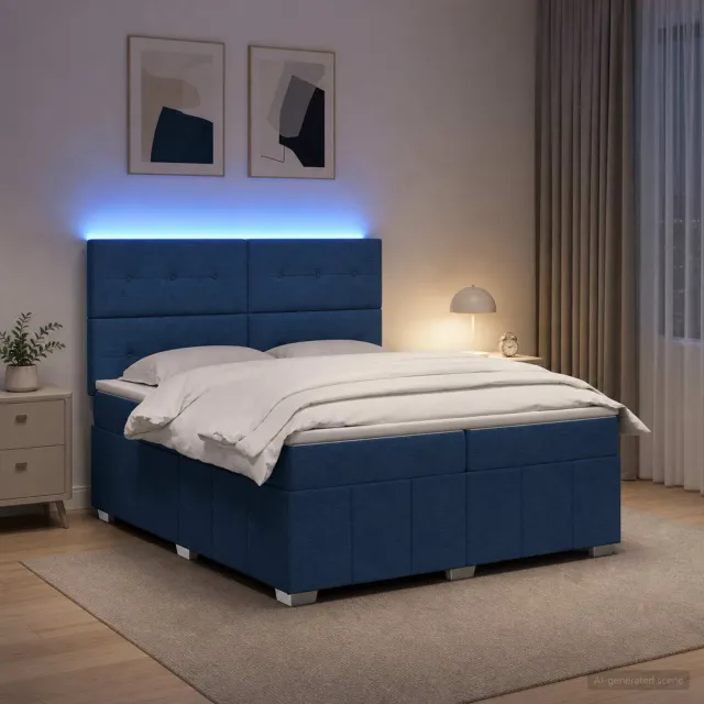 vidaXL LED Boxspring Bed met Matras Blauw 200 x 200 cm Stof
