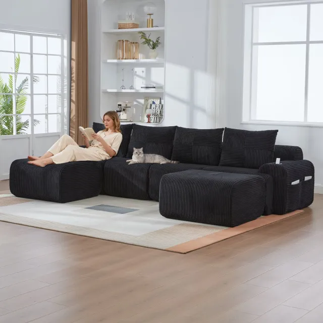 OKWISH Modulaire Hoekbank 333 X 174 Cm - 4 Zits Met 2 Hockers, Bekerhouder En Zijvak - Voor Woonkamer Of Familiekamer - Corduroy - Zwart