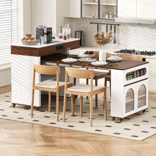 Wishdor Keukeneiland - Uitschuifbaar Tafelblad En Stopcontacten - Scandinavisch - Voor Keuken En Eethoek - MDF - Wit En Walnootkleurig Wit + Notenhout