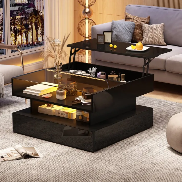 Clruro Salontafel - 80 x 80 x 45 cm - Verstelbare Salontafel met 2 Laden en Opbergruimte - LED - Glas - Zwart