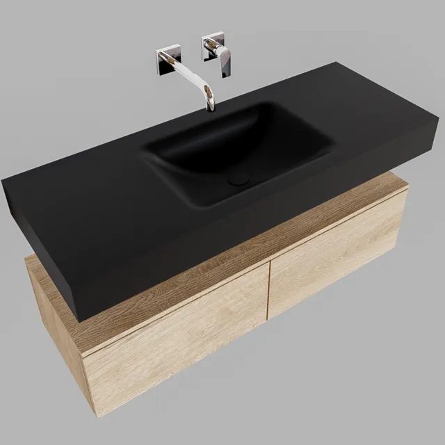 Boss & Wessing Badmeubel Ibiza 120 cm Washed Oak Twee Lades Spoelbak Dubbel Mat Zwart (0 kraangaten)