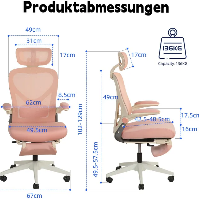 FloraGrace Ergonomische Bureaustoel 67 Bij 102 Tot 129 cm - Opklapbaar Met Hoofdsteun en Lendensteun - Voor Werk en Studie - Netstof - Roze