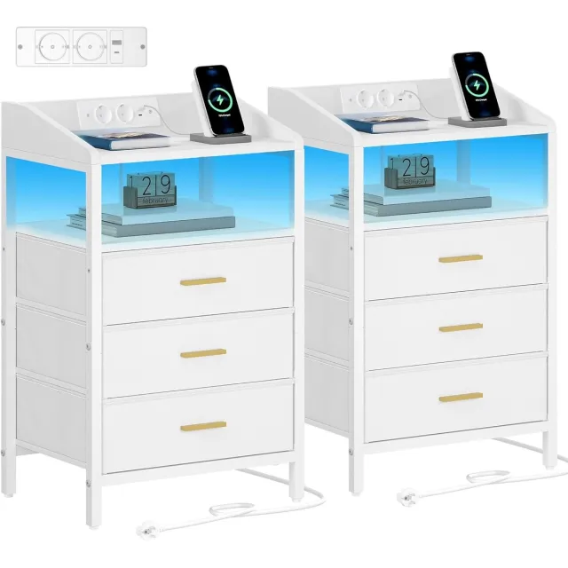 Homesy Nachtkastjes Set van 2 LED Licht en Oplaadstation, Eindtafel met 3 Stoffen Opbergladen en Planken, Bijzettafel met USB Poorten & Stopcontacten, Nachtkastje voor Slaapkamer (Wit, 2er Set)