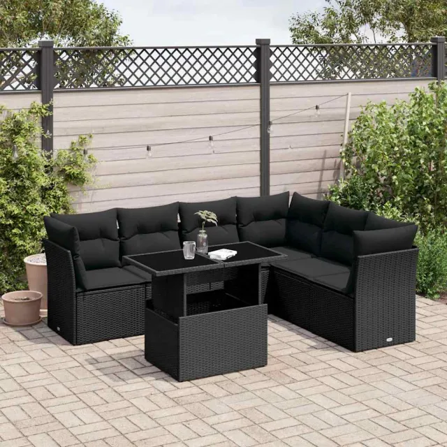 vidaXL 7-delige Loungeset met kussens poly rattan zwart, foto 2