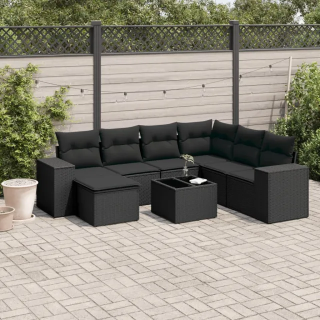 vidaXL 8-delige Loungeset met kussens poly rattan zwart, foto 2
