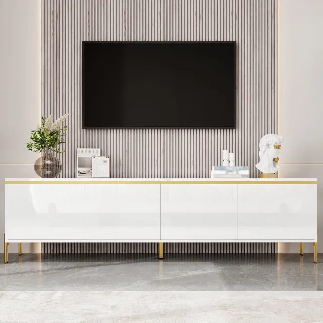 Wishdor TV-meubel - 4 deuren en kabeldoorvoer - modern minimalistisch dressoir voor woonkamer - hoogglans houtlook met metalen poten - wit - 170 cm