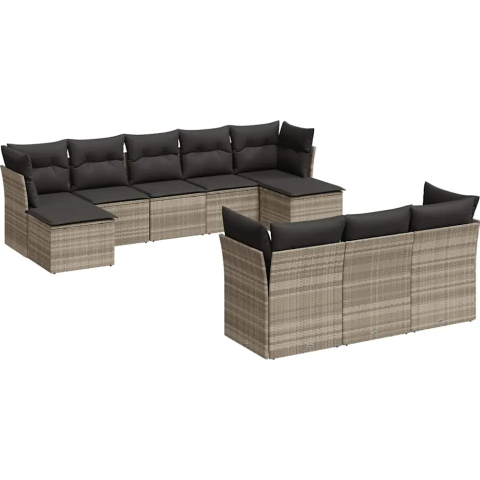 vidaXL 10-delige Loungeset met kussens poly rattan lichtgrijs