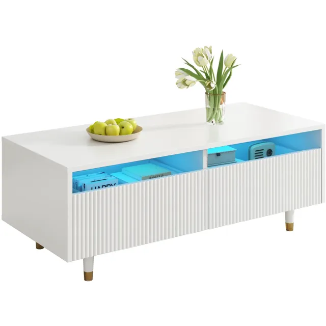 Clruro Salontafel - Met LED - Golvend Ladefront Met 2 Lades En Kleurwisselende Lichtstrip - MDF - Wit