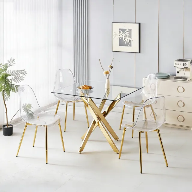 MODFU Set Tafel En Stoelen - Modern - Goud - Metaal - Glazen Tafelblad