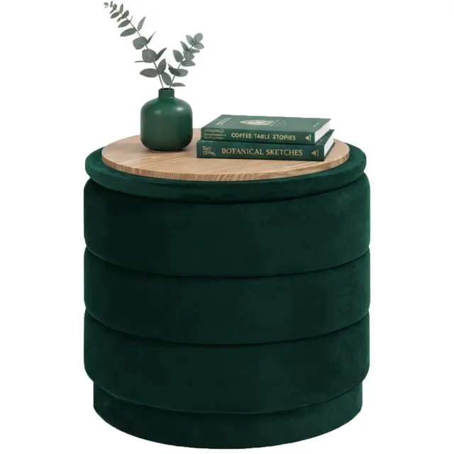 Famanu Ronde poef met deksel, opvouwbare voetenbank met tafel voor woonkamer, slaapkamer en hal, fluweel, groen, 39 x 39 x 37 cm