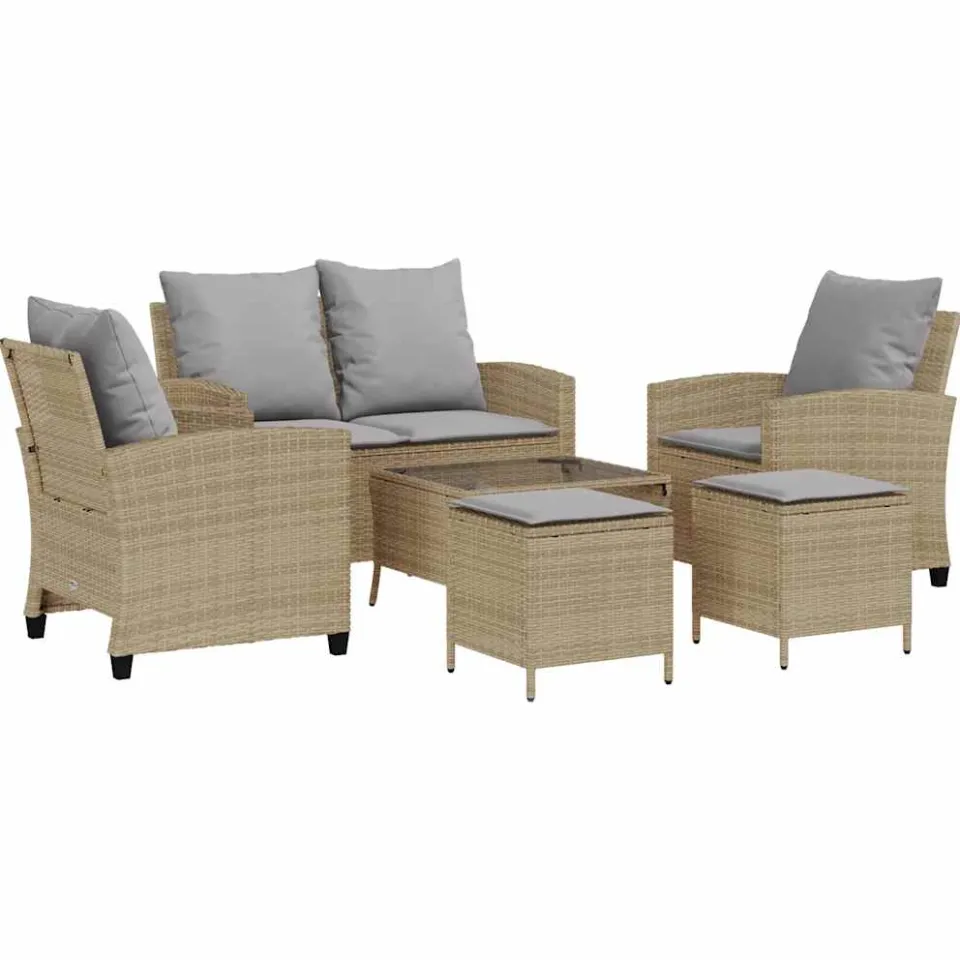 vidaXL 6-delige Loungeset met kussens poly rattan beige