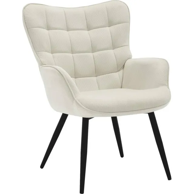 BukkitBow Luxe Relaxstoel - Moderne Wing Fauteuil - met Stevige Metalen Poten - Met Zachte Ribfluwelen Bekleding - 46CM Zithoogte - Crème / Wit