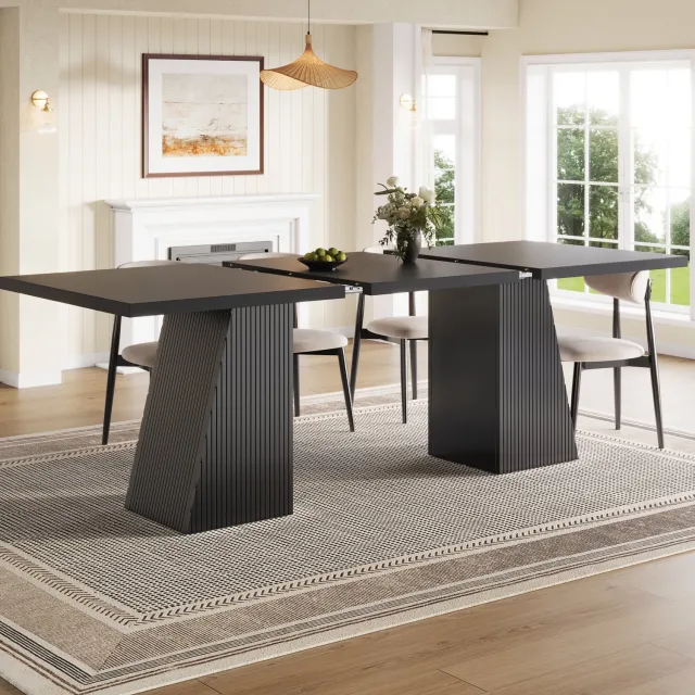 HAUSS SPOLE Eettafel - Uitschuifbaar Met Geribbelde Trapeziumpoten - Voor 4 Tot 6 Personen In Eetkamer - MDF En Metaal - 120-160 x 80 x 76 cm - Zwart