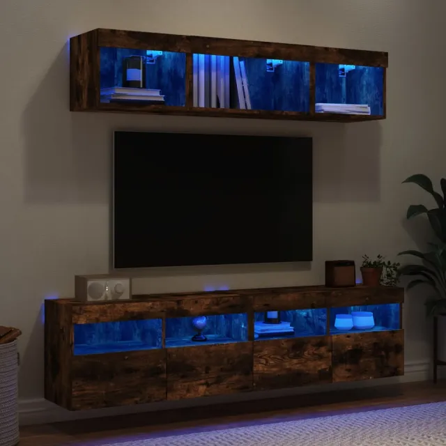 vidaXL 5-delige tv-wandmeubelset met LED bewerkt hout gerookt eiken Bruin